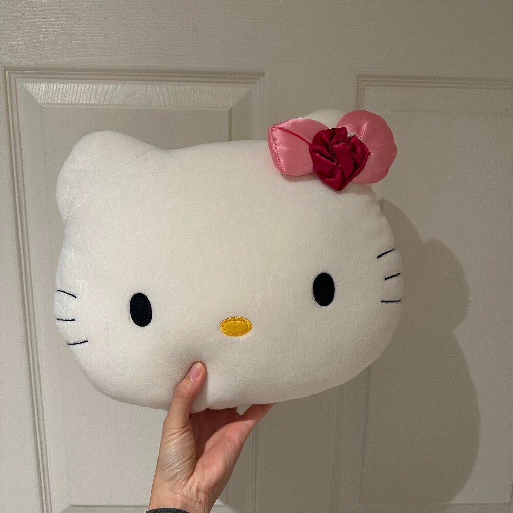 Sanrio 2000 Hello Kitty Pillow Plush Head Stuffed Black Pink Bow Soft Cushion